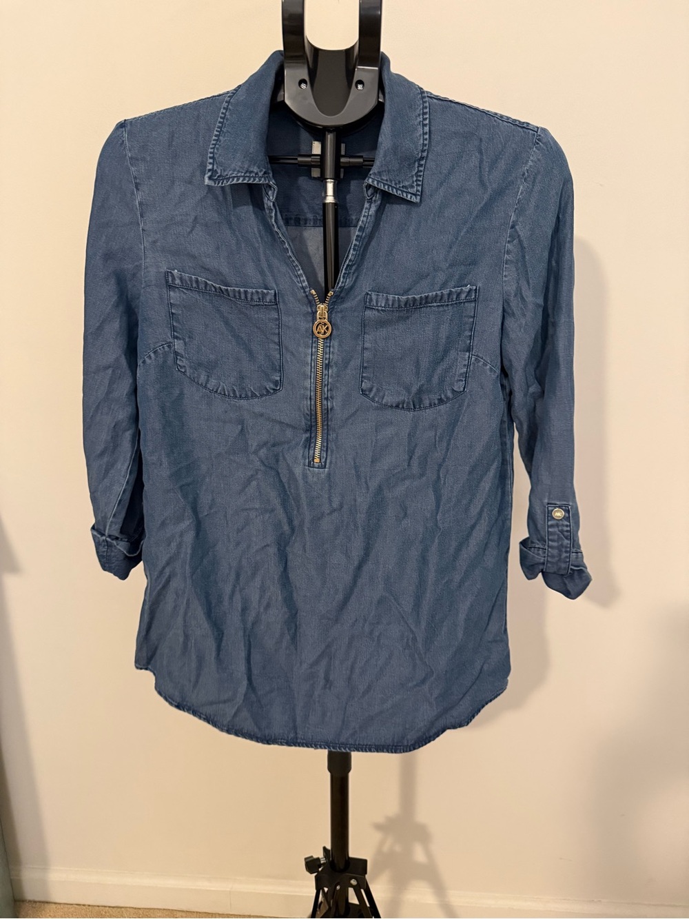 Anne Klein Denim-Look Half-Zip Shirt - Blue